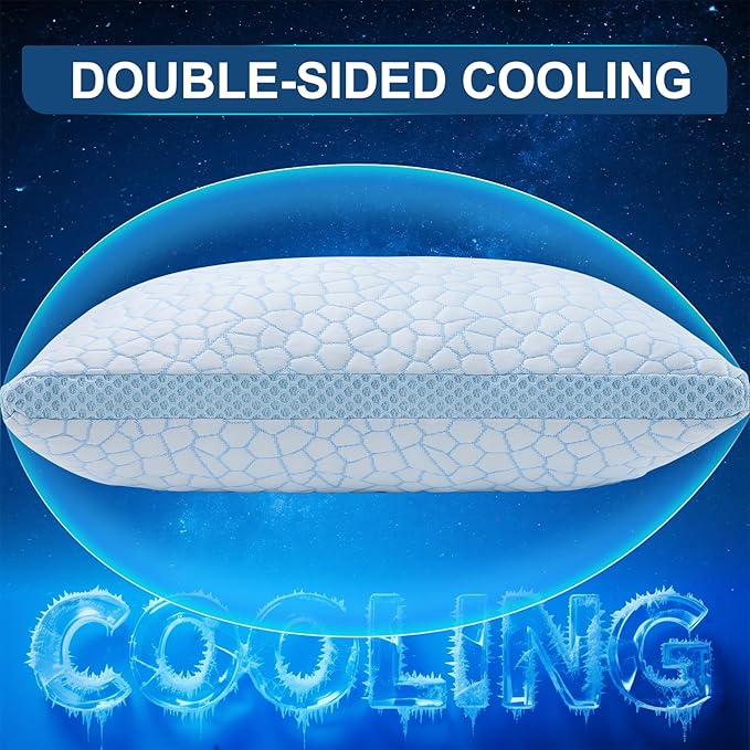 QUTOOL Enhanced Cooling Pillows Standard Size Set of 2,CertiPUR-US Shredded Memory Foam Pillows 2 Pack for Hot Sleeper,Adjustable Bed Pillow for Side,Back,Stomach Sleepers Support Yet Soft,Home Gifts