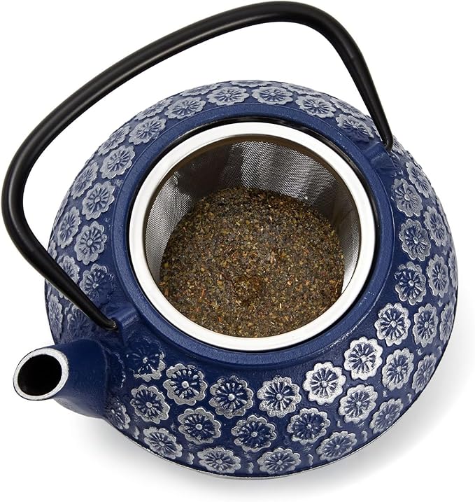 Juvale Japanese Cast Iron Teapot with Infuser & Stovetop Tea Kettle - 34 oz, Blue - Heat Retention, Removable Lid & Fold-Down Handle