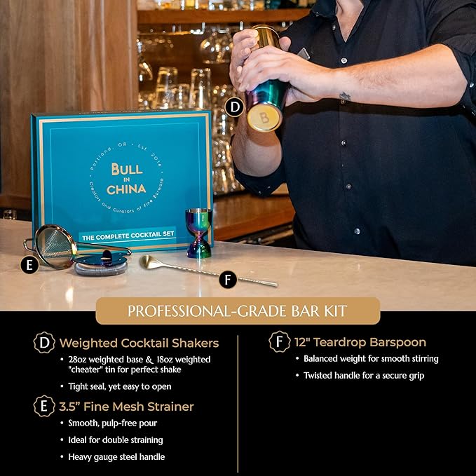 Shaken & Stirred Cocktail Set by Bull in China - Premium Bartender Gift Set w/ 2 Piece Weighted Shaker, Hammered Jigger, Hawthorne Strainer, Fine Mesh Strainer, Mixing Glass & Barspoon (Copper)