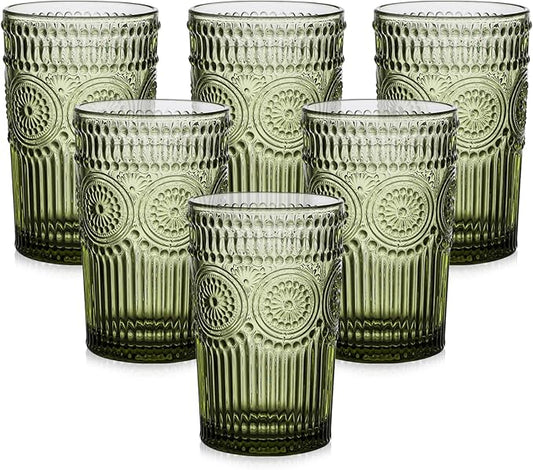 Vintage Glassware Drinking Glasses Set of 6,13 oz Green Textured Flower Design Glass Water Tumblers，Embossed Striped Drinkware for Water,Cocktails,Juice,Iced Coffee