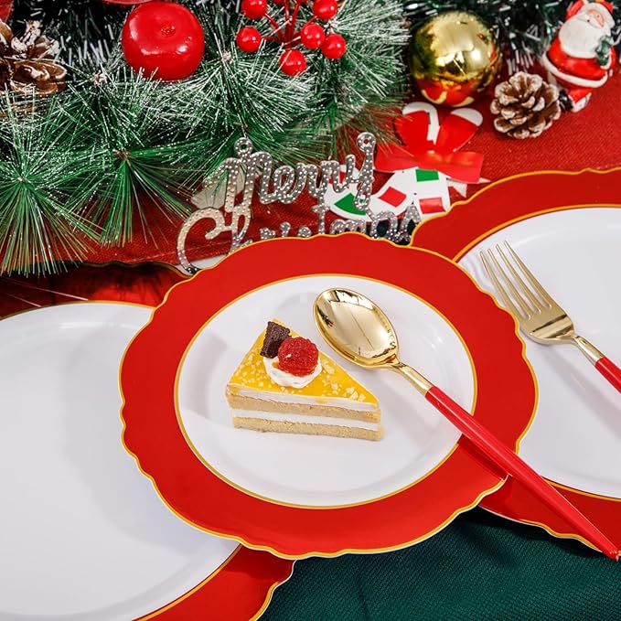 WDF 30Guest Red Christmas Plates - Gold Plastic Silverware With Red Handle - Christmas Plates Disposable- Baroque Plastic Dinnerware for Party