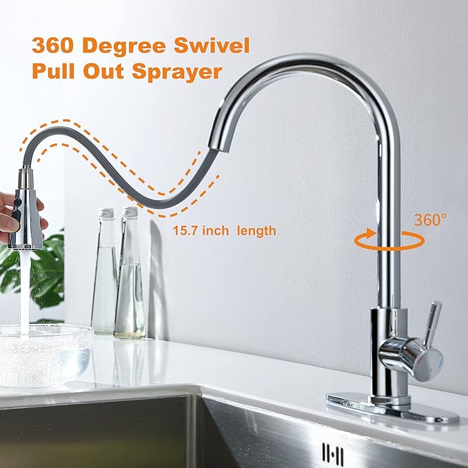 Keer Polished Chrome Single Handle Pull Down Kitchen Faucet with Soap Dispenser, 3 Modes Sprayer, Easy Assembly, Single Handle High Arc Stainless Steel Faucet