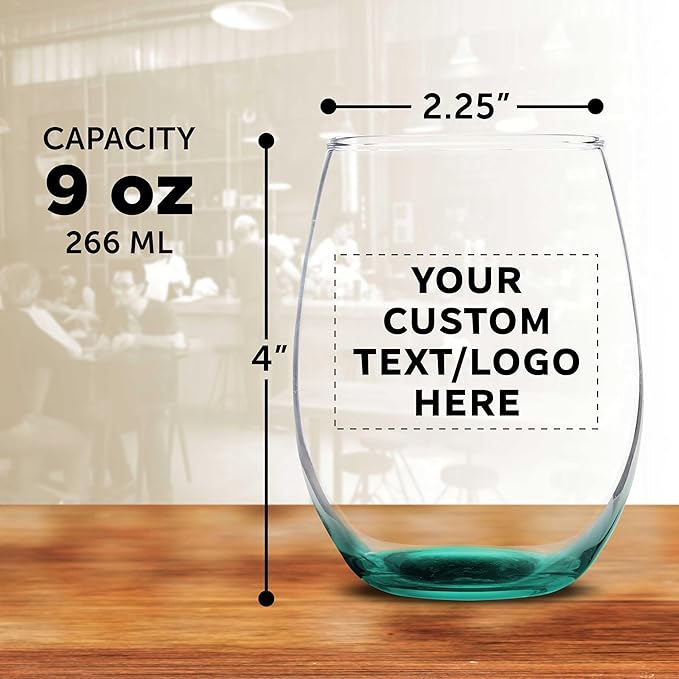 DISCOUNT PROMOS Custom Stemless Wine Glass 9 oz. Set of 10/50/100, Personalized Bulk Pack - Great for Wedding Favors, Bachelorette Party Decorations, Party Favors - Green