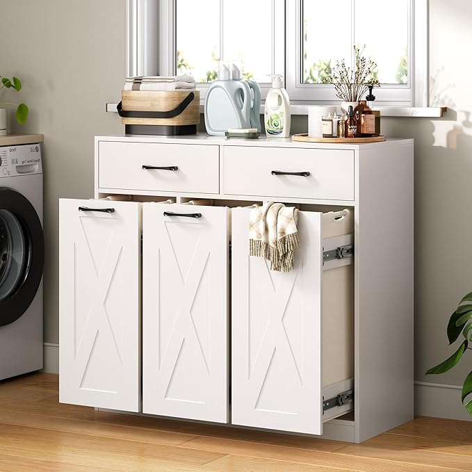 Laundry Hamper Cabinet with Pull-Out Bags, 2 Drawers & Top Shelf, Hidden Laundry Basket Storage, 3 x 15.87 Gallons, Laundry Storage Cabinet for Laundry Room, Bedroom White YL01XLW