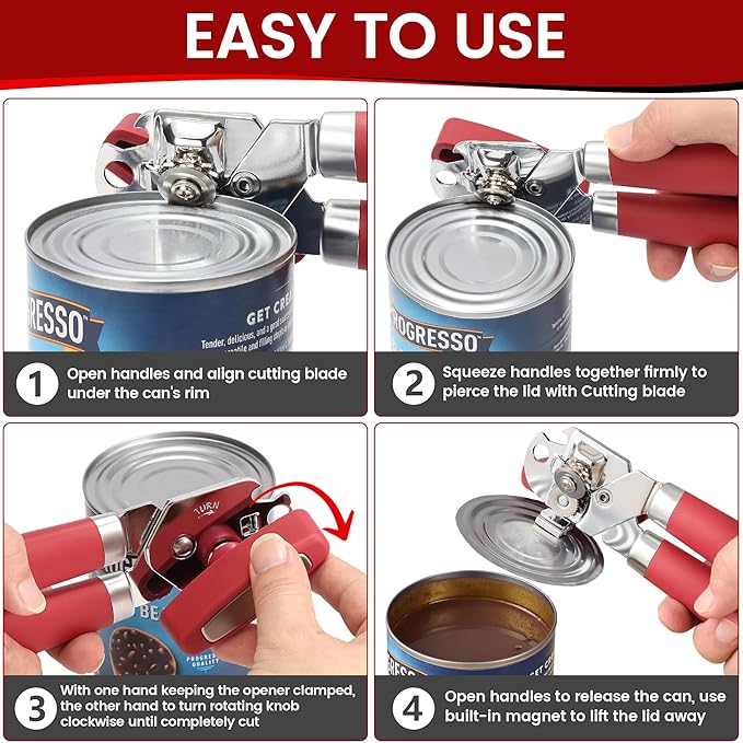 Manual Can Opener Smooth Edge with Magnet, Vayvnt Stainless Steel Handheld Strong Can Bottle Opener, Extra Shape Cutting Blade&Large Turn Knob, Multifunctional 4 In 1 Kitchen Tool for Seniors, Red