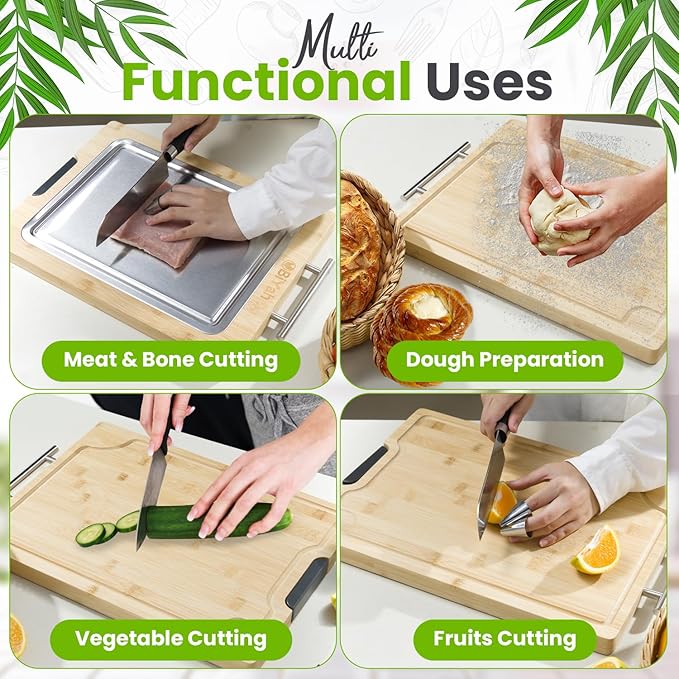 Premium 304 Stainless Steel Metal Cutting Board for Kitchen – 2 in 1 Bamboo and Steel Chopping Board for Kitchen with Juice Groove for Cutting Meat, Vegetables and Fruits - Easy Clean - 17.1”x12”