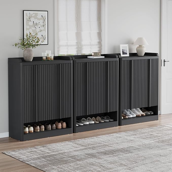 Fluted Shoe Storage Cabinet for Entryway – 45" Tall, 6-Tier Shoe Organizer with 4 Adjustable Shelves, Mid-Century Freestanding Wooden Shoe Rack for Hallway, Living Room, Closet, Black(3PCS)