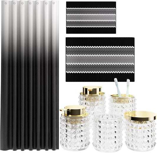 Bathroom Sets with Shower Curtain and Rugs and Accessories, Glass Bathroom Accessories Set Clear Bathroom Set Bathroom Sets, Black Bath Mat and Diamond Soap Dispenser for Bathroom Decor