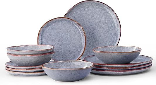 Bestone 12 Pieces Round Kitchen Dinnerware Sets，Plates and Bowls Sets,Dishes, Plates, Bowls, Dish Set, Chip Resistant Ceramic Dinnerware Set, Dishwasher/Microwave Safe,Service for 4,Reactive Blue
