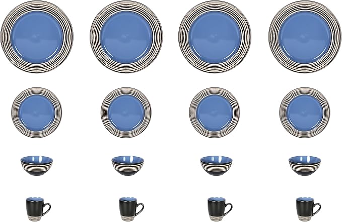 16 Piece Dinnerware Set, Ceramic Plates and Bowls Sets for 4, Microwave and Dishwasher Safe, Handcrafted Tree Bark Series Dish Set, Blue