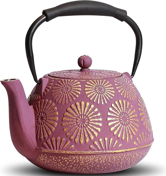 Cast Iron Teapot, 40oz Tea Kettle with Infuser for Stove Top, Sakura Design Japanese Tea Pot for Loose Leaf Coated with Enameled Interior, Silicone Handle 1200ml Pink