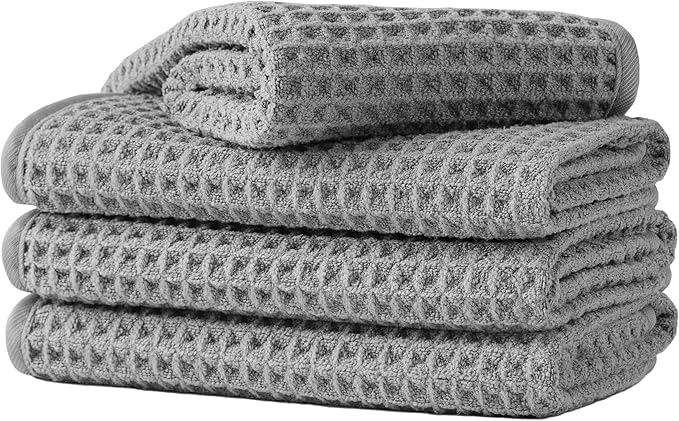 Microfiber Waffle Face Towels, 4 Pieces, Soft, Absorbent, Fast Drying, Lint Free (Gray)