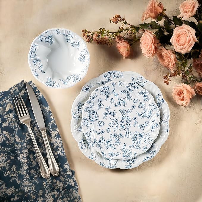 Ceramic Dinnerware Set 12-Piece Scalloped Edge Dish Set for 4 Vintage Blue Floral Elegant Kitchen Dinner Plates Bowls for Daily Use & Party Microwave & Dishwasher Safe (Blue)