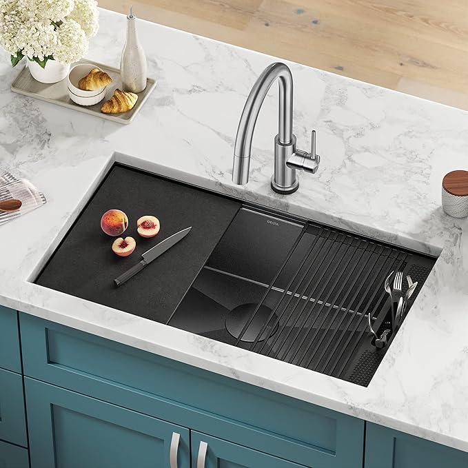 DELTA FAUCET Delta Rivet 32 Inch Black Stainless Steel Undermount 16 Gauge Workstation Kitchen Sink Single Bowl in PVD Gunmetal Finish with WorkFlow Ledge and Accessories, 95B9031-32S-GS