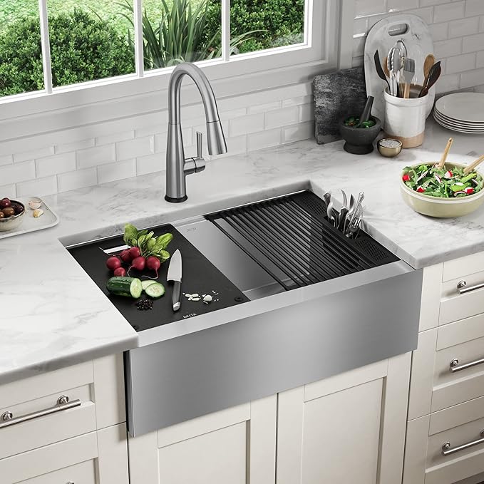 DELTA FAUCET Rivet 30-inch Workstation Farmhouse Apron Front Kitchen Sink Undermount 16 Gauge Stainless Steel Single Bowl with WorkFlow Ledge and Kit of 5 Accessories, 95C9031-30S-SS