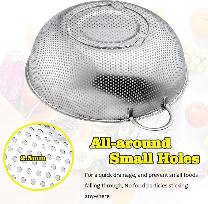 P&P CHEF Stainless Steel Colander, Micro-Perforated Food Strainer with Handle for Washing Draining, Great for Pasta Fruits Vegetables, Dishwasher Safe & Healthy, 3 + 5Qt, 2Pcs
