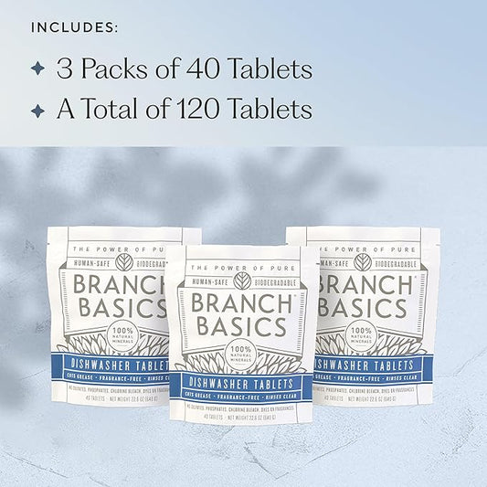Branch Basics Dishwasher Tablets – 40 Ct, 3 Pack | Plastic-Free, Fragrance-Free, Human-Safe | Delivers a Powerful Clean Without Harsh Chemicals