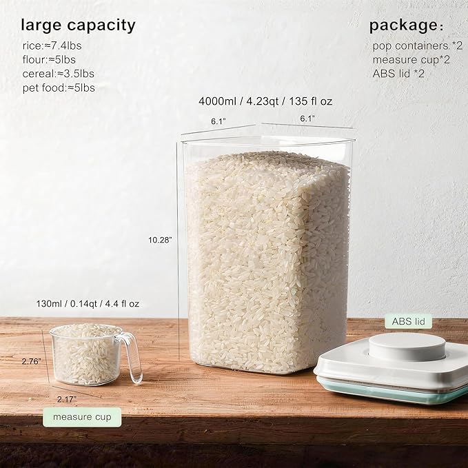 Pop Food Storage Container Airtight Rice Containers with Pop Lid & 130ml Scoop, 4L / 4.2QT *2 BPA-Free Cereal, Flour, Pasta & Snack Container for Kitchen Pantry Organizer
