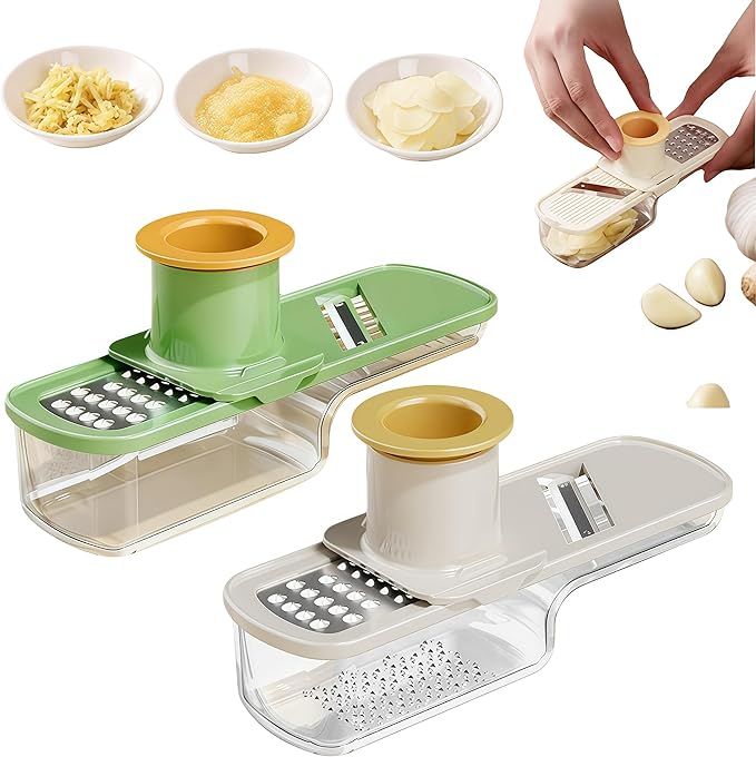 Multifunctional Garlic Grinder, 3 In 1 Garlic Slicer Super Thin for Garlics, Ginger, Garlics Grinder Mini Easy to Clean and Dishwasher Safe (green+white)