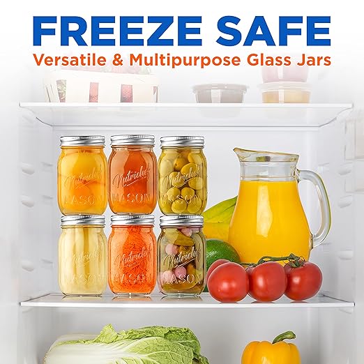 NutriChef 6-Pack 16 oz Mason Jars with Lids - Thick Glass Canning Jars with Stainless Steel Lids - Ideal for DIY Spices, Meal Prep, Overnight Oats, Jelly, Jam, Honey, Candles, Crafts, & More