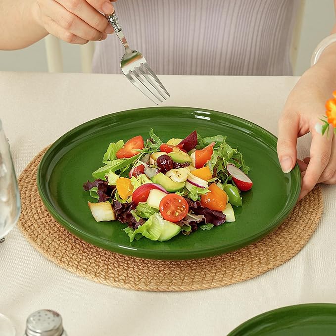 8-Inch Plates Set of 4, Dual Glaze Stoneware Plate, Microwave and Dishwasher Safe, Ceramic Plates for Salads & Desserts, Forest Glaze Green