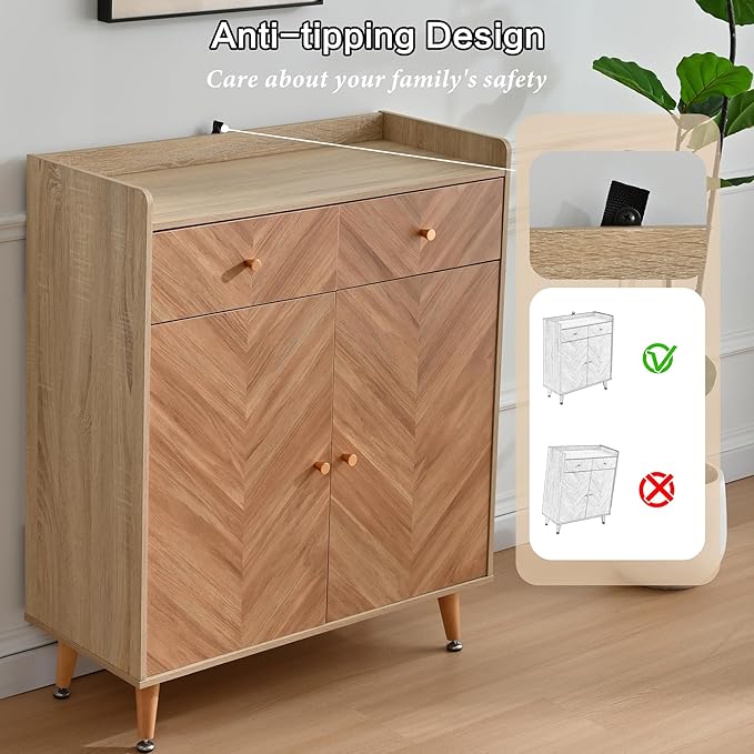 Shoe Storage Cabinet with 2 Doors, 20 Pairs Shoes Cabinet for Entryway with Adjustable Shelves and 2 Drawer, 31.5'' Wide Shoe Rack Shoe Organizer Cabinet for Entryway Living Room (Naturel)