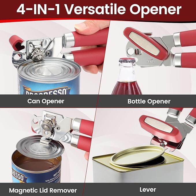 Manual Can Opener Smooth Edge with Magnet, Vayvnt Stainless Steel Handheld Strong Can Bottle Opener, Extra Shape Cutting Blade&Large Turn Knob, Multifunctional 4 In 1 Kitchen Tool for Seniors, Red