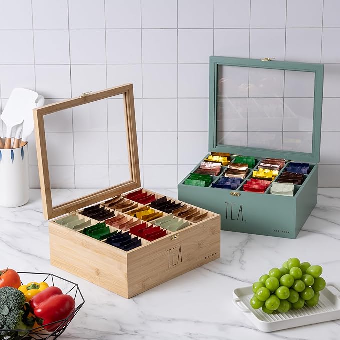 Rae Dunn Tea Bag Organizer - Tea Box Divided Storage Container Box with Hinge Lid for Kitchen Cabinet, Countertop, Pantry, Hold Coffee Pods, Seasoning Packets, Condiments, Bamboo