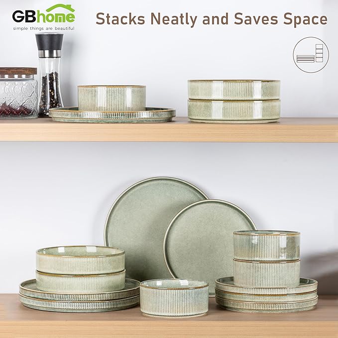 GBHOME Stoneware Dinnerware Sets for 8,Round Reactive Glaze Ceramic Plates and Bowls Set,Highly Scratch Resistant | Dishwasher & Microwave Safe Dishes Set,Service for 8(24Pcs),Desert Sage