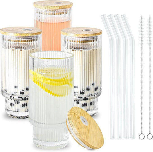 4 Pcs 16 oz Glasses Cups Set with Bamboo Lids Straws Brush Ribbed Vintage Aesthetic Glassware Set for Tea Iced Coffee Beer Cocktail Whiskey