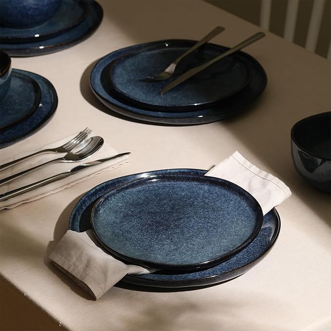 Stone + Lain Mirella 12-Piece Stoneware Dinnerware Set, Service for 4, Reactive Glaze, Deep Blue – Includes Dinner Plates, Salad Plates, and Bowls – Modern Artisanal Design