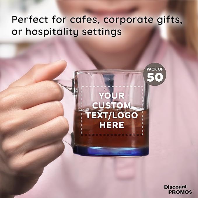 Custom Libbey Clear Glass Coffee Mugs 13 oz. Set of 50, Personalized Bulk Pack - Perfect for Coffee, Tea, Espresso, Hot Cocoa, Other Beverages - Blue Bottom
