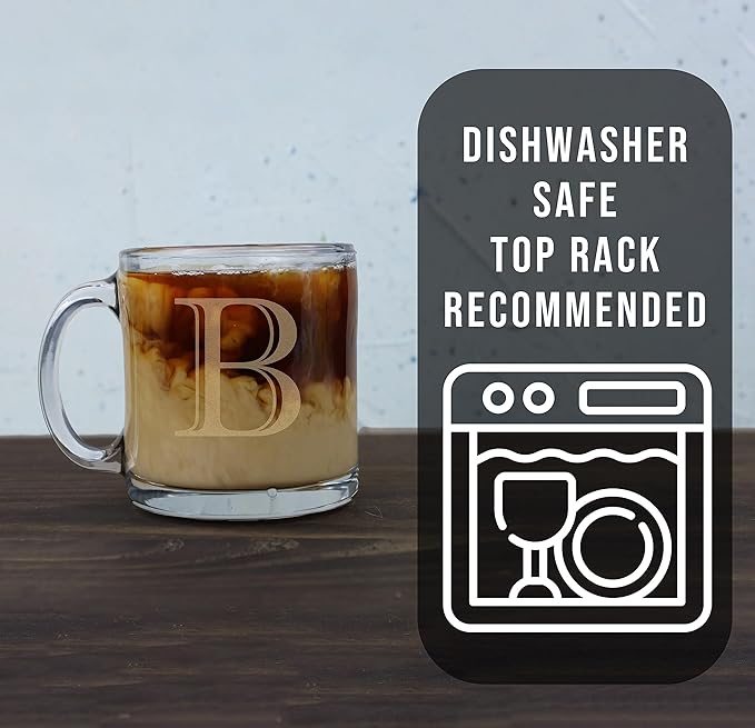 Etched Monogram 12oz Clear Glass Coffee Mug (Letter B), A-Z Customized Gifts for Coffee Lovers, Custom Engraved Gifts for Women Her, Personalized Gift for Men, Initial