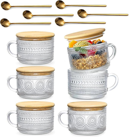 6pcs Vintage Coffee Mugs 14oz, Overnight Oats Containers with Bamboo Lids and Spoons - Clear Embossed Glass Cups, Cute Iced Coffee Glasses Bar Accessories, Clear Cups Vintage gifts for women.