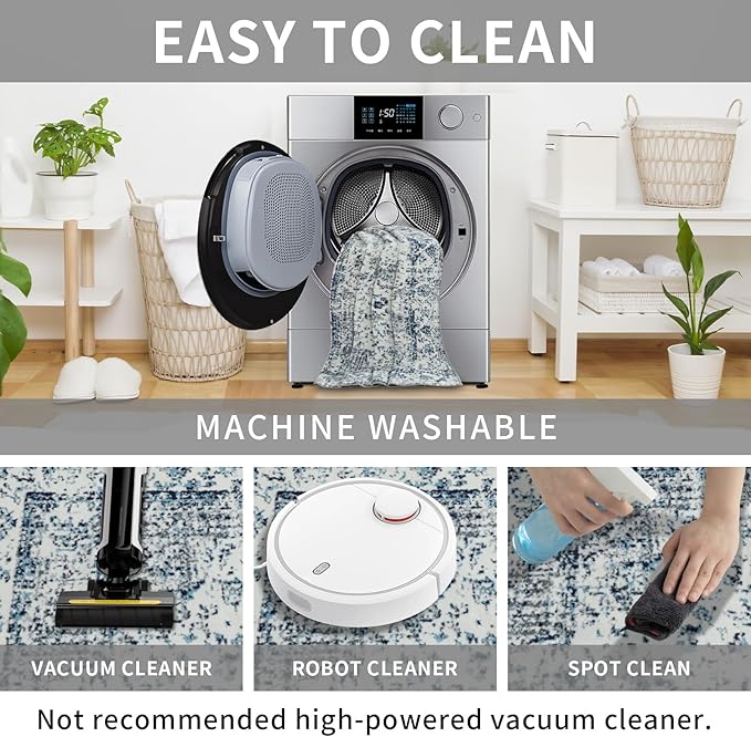 Easy-Going Round Area Rug 3ft Washable Boho Small Circle Rugs for Living Room Non-Slip Bedroom Rug Low Pile Lightweight Floral Print Vintage Throw Rug for Dining Room Kitchen Home Office, Blue Cream