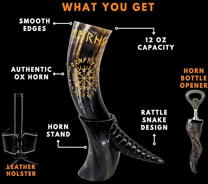 Genuine Ox-Horn Viking Drinking Horn Unique & Hand Crafted with Bottle Opener, Leather Holster Food Grade Tankard Cup for Drink Beer, Ale, Mead, Whiskey Gift For Men & Women…
