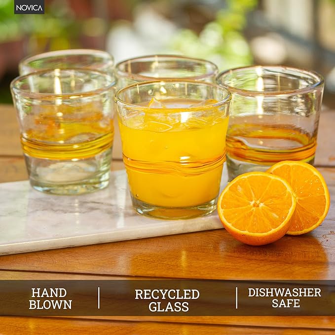 NOVICA Artisan Handblown Recycled Ecofriendly Rock Glasses Set 6 in Golden Hues Clear Yellow Mexico Tableware Drinkware Tumbler Juice Striped Misted Hacienda [ 3.5in H x 3.5in Diam. 10 Oz.] ' Ribbon