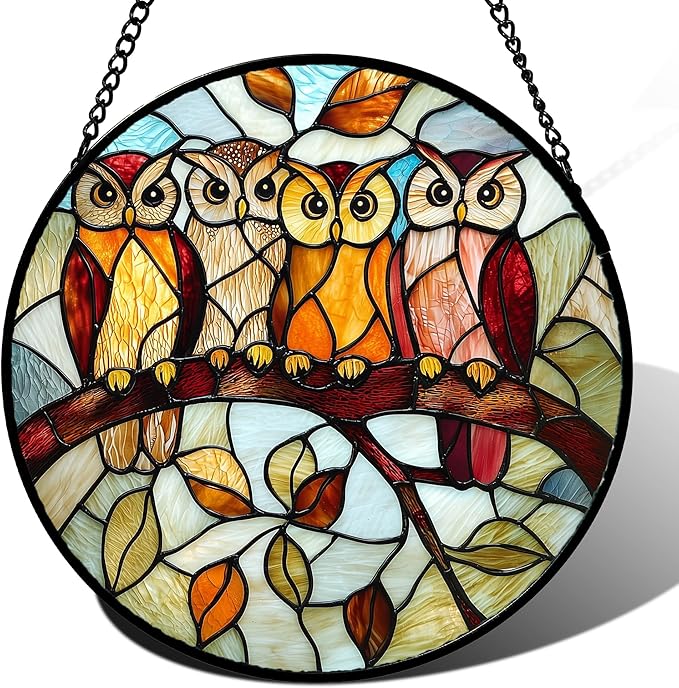 Stained Glass Window Hanging, 4 Owls on a Branch Sun Catcher for Door Home Decor White Brown Bird Suncatcher Christmas Mother's Day Birthday Gifts for Women Men Mom and Nana 9.8 in
