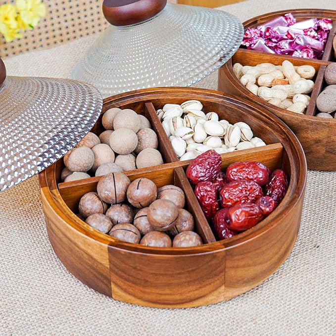 Wooden Snack Box with Glass Lid, 4-Compartment Serving Tray for Nuts, Candy, Dried Fruits, Multipurpose Storage Container for Home & Parties
