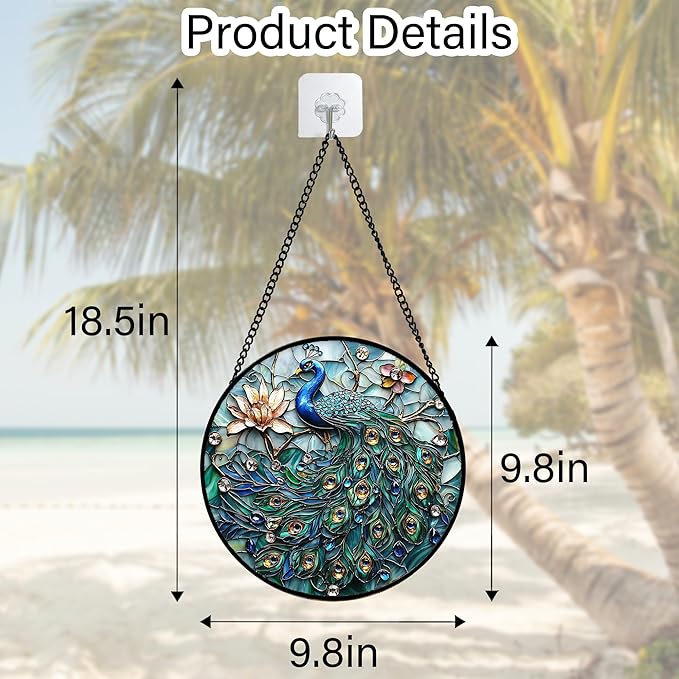 Stained Glass Window Hanging, Blue Peacock Decoration Suncatcher for Door Garden Home Flower Bird Sun Catchers Christmas Mother's Day Birthday Gifts for Women Men Mom Nana Friend 9.8 in