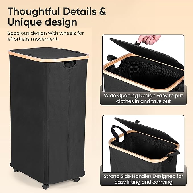 Laundry Hamper with Wheels and Lid | 26 Gal (100L) laundry hamper with lid bamboo| Large Dirty clothes hamper | Bedroom hamper | clothes hamper-black