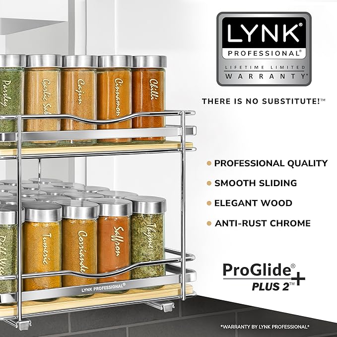 LYNK PROFESSIONAL® Élite™ Pull Out Spice Rack Organizer for Inside Kitchen Cabinets - 10-3/8 inch Wide - Slide Out Drawer – Wood/Chrome Sliding Spice Cabinet Organization Shelf Racks - 2 Tier