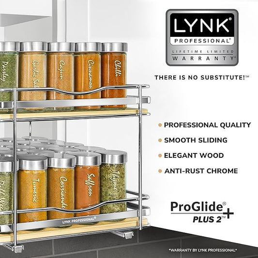 LYNK PROFESSIONAL® Élite™ Pull Out Spice Rack Organizer for Inside Kitchen Cabinets - 10-3/8 inch Wide - Slide Out Drawer – Wood/Chrome Sliding Spice Cabinet Organization Shelf Racks - 2 Tier
