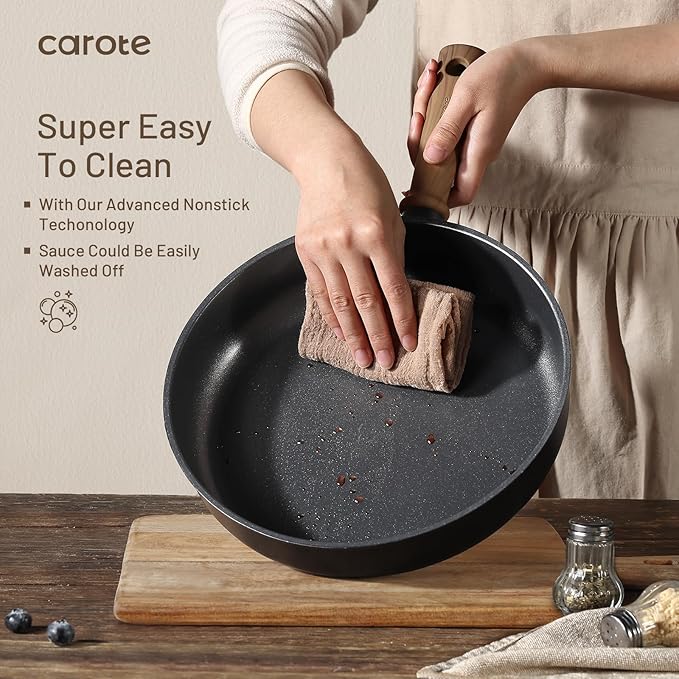 CAROTE Non Stick Frying Pans, 9.5" Nonstick Skillet Titanium Frying Pan Chef's Pan, Titanium Lightweight, Stay-cool Handle, Compatible with All Stoves, Black