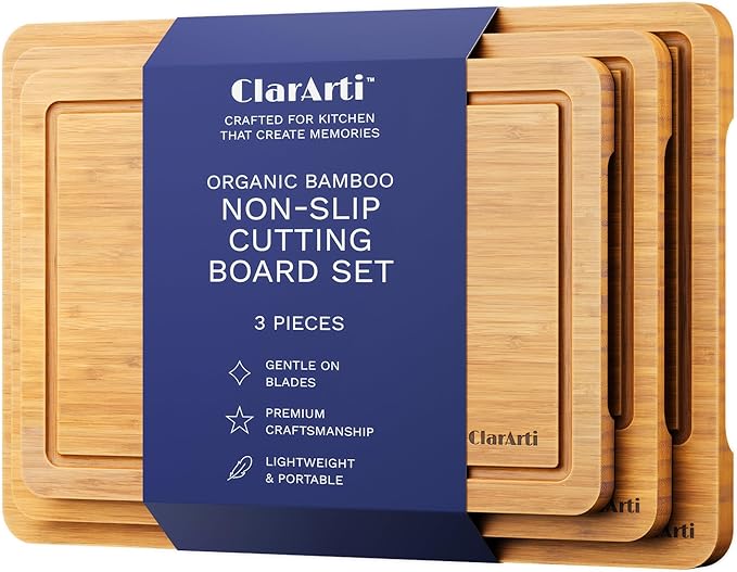 Organic Bamboo Cutting Boards for Kitchen – Set of 3 Non-Toxic Wood Cutting Board with Non-Slip Design – Durable Anti-Slip Bamboo Boards for Chopping & Serving
