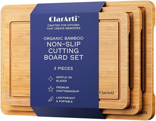 Organic Bamboo Cutting Boards for Kitchen – Set of 3 Non-Toxic Wood Cutting Board with Non-Slip Design – Durable Anti-Slip Bamboo Boards for Chopping & Serving