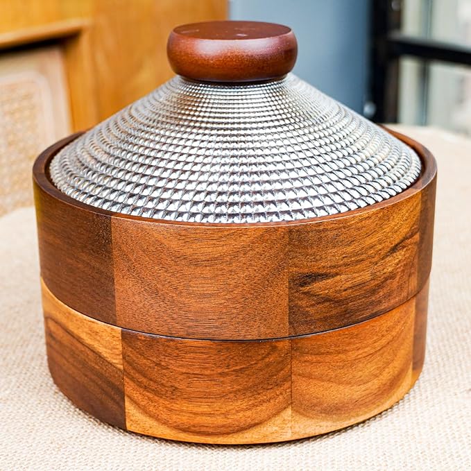 Wooden Snack Box with Glass Lid, 4-Compartment Serving Tray for Nuts, Candy, Dried Fruits, Multipurpose Storage Container for Home & Parties