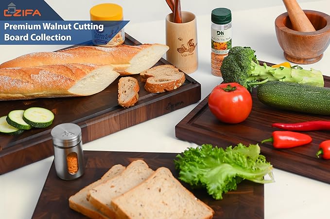 American Dark Walnut Wood Cutting Board 17"x12"x1.6" for Kitchen with Juice Groove, Inner Handles, Gift Box Packaging and End Grain Butcher Block Finished with Linseed Oil, Beeswax & Lemon Oil