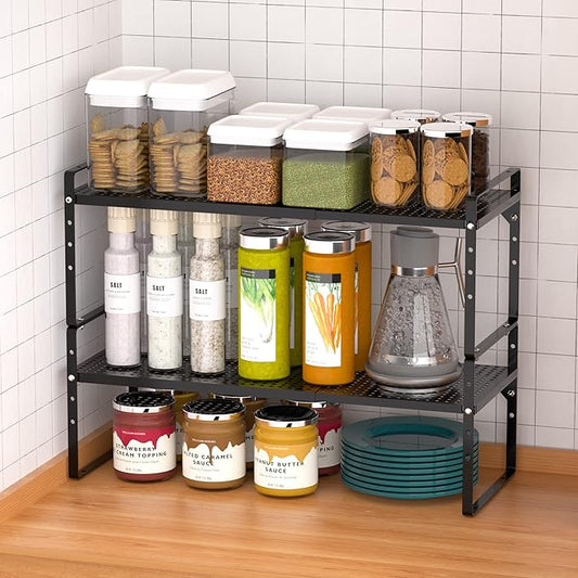 Redrubbit Expandable Cabinet Storage Shelf, Adjustable Height Steel Metal Kitchen Counter Organizers Shelves Spice Rack for Kitchen Pantry Bathroom Cupboard Desk Home Office, Black-2 Pack