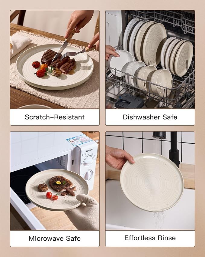 Stoneware Dinnerware Sets, Plate and Bowl Sets for 8, 24 Pieces Spiral Flared Dishware Set with Speckles & Reactive Glaze - Microwave and Dishwasher Safe Tableware, Shell Beige
